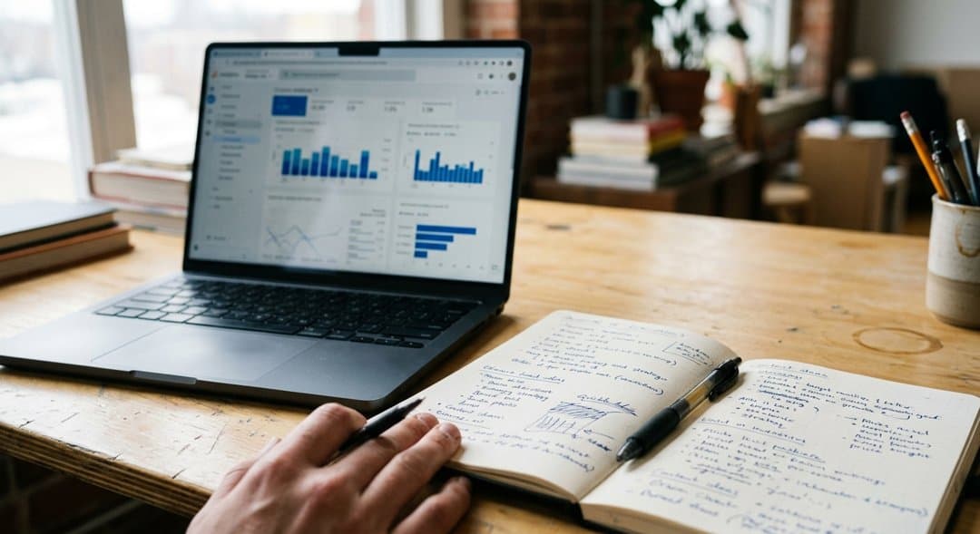 Generated example photo: a laptop showing an analytics dashboard on a studio desk, notebook of scribbled hooks beside it