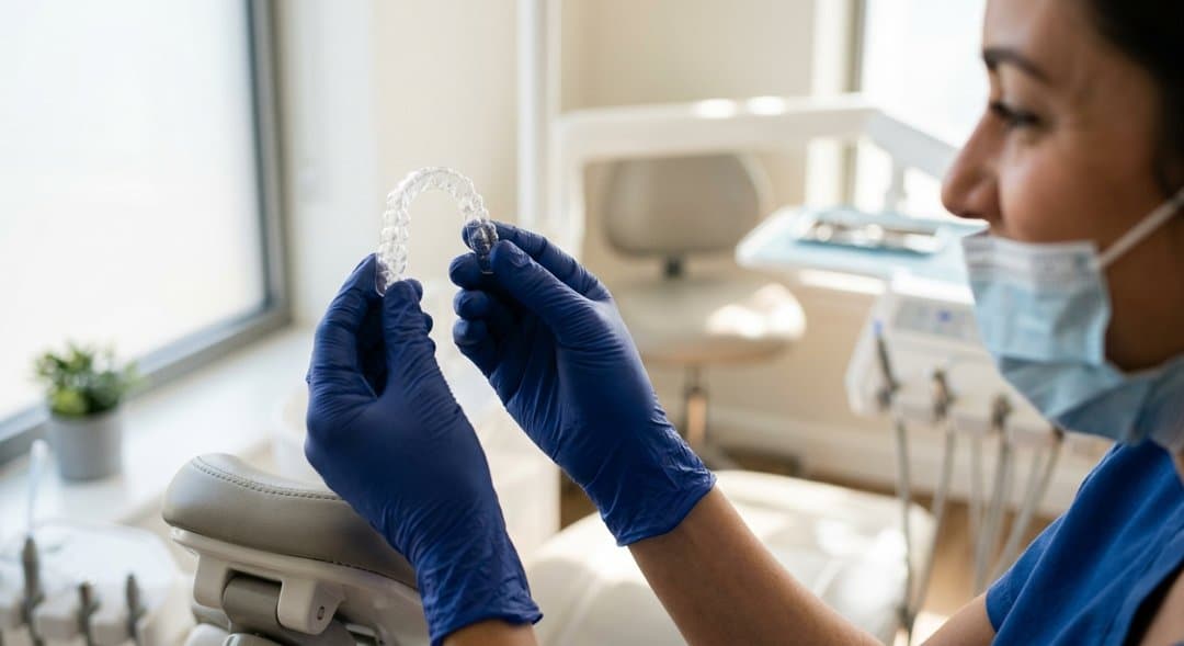Generated example photo: a dentist's gloved hands holding a clear aligner up to the light in a bright surgery
