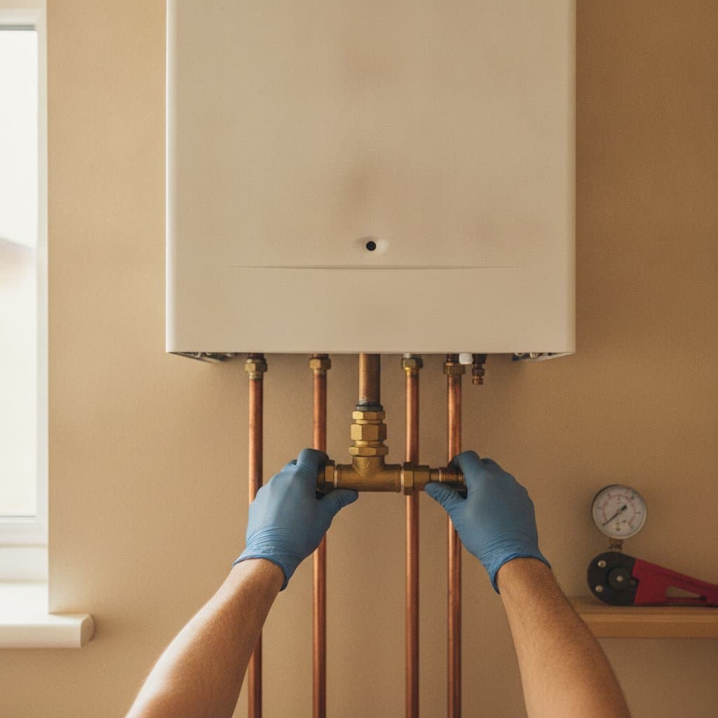 A heating engineer fitting copper pipework to a domestic boiler - an example of the imagery Stratvo generates