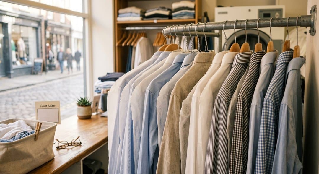 Generated example photo: pressed shirts on hangers in a row, plastic-free covers, morning light through the shopfront