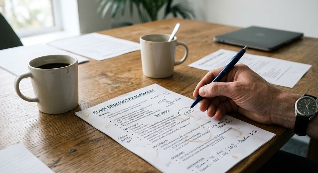 Generated example photo: two coffee cups and a plain-English tax summary sheet on a meeting table, pen mid-note