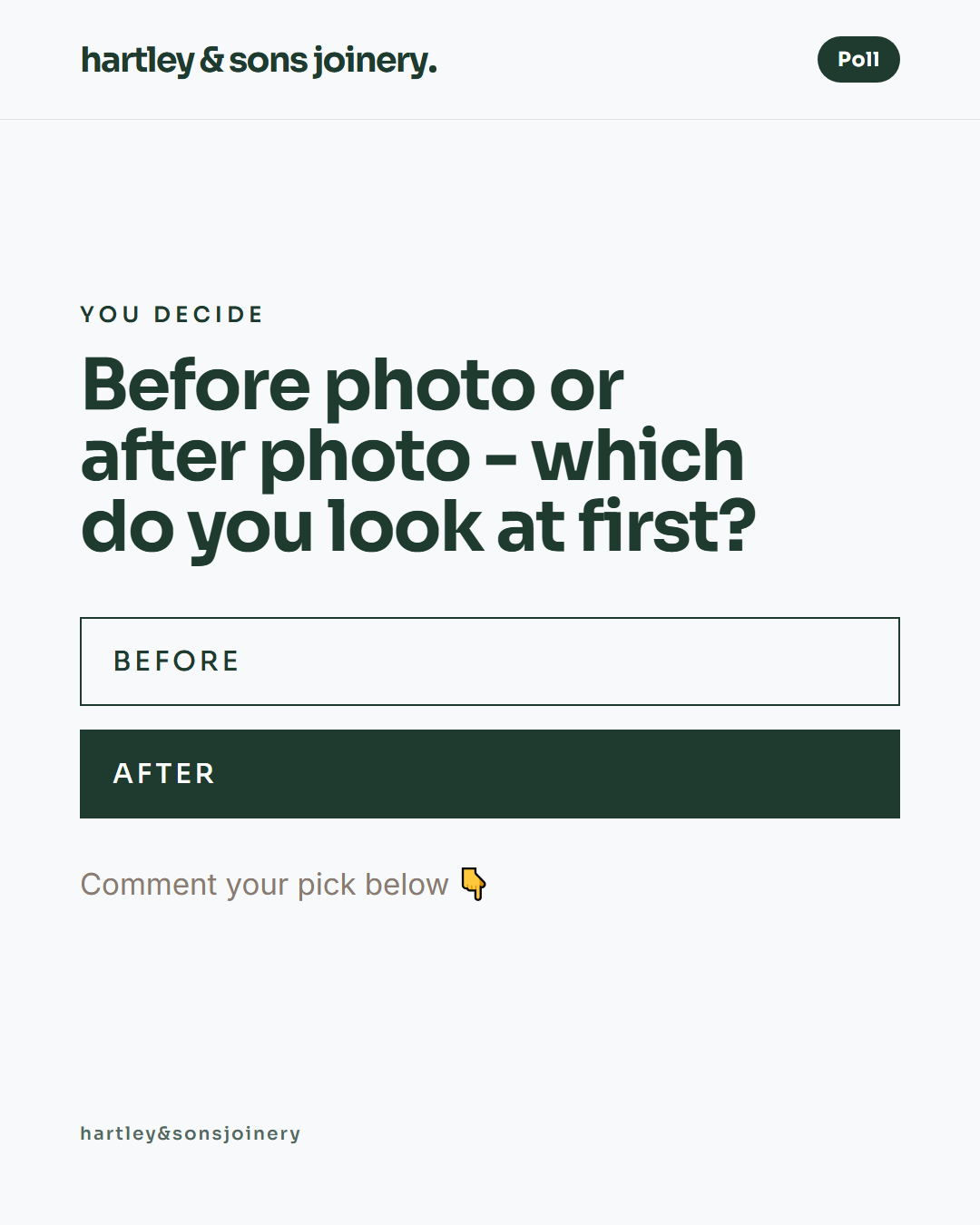Generated example post: Before photo or after photo - which do you look at first?